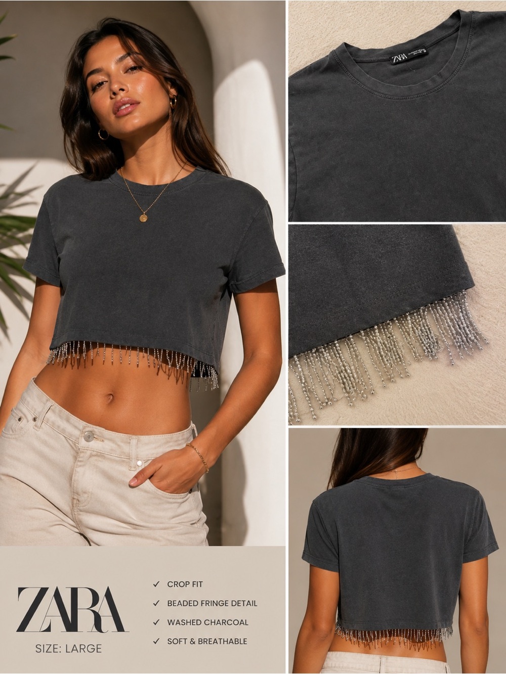 ZARA Washed Charcoal Beaded Fringe Crop Top